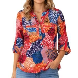 Anne Klein Women's Small Blouse with Roll Tab 3/4 Sleeves Gold Buttons Top